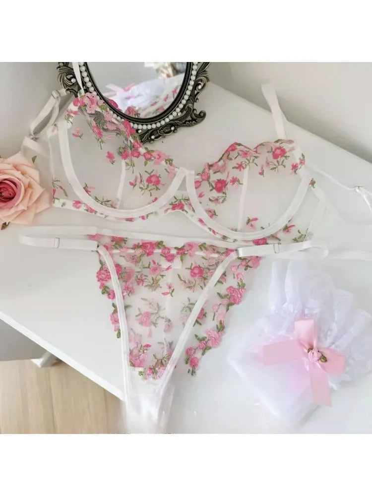 YUQI Französisches Luxus-Dessous-Set – sexy BH- und Höschen-Set mit floraler Stickerei in Schwarz, durchsichtige, transparente, verführerische Damen-Unterwäsche
