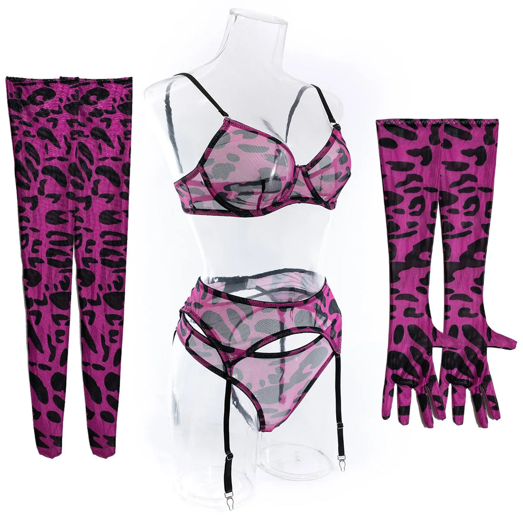 Sexy rosa Leoparden-BH-Handschuhe Beinsocken Dessous-Set Damen Perspektive Bequemes Mesh Exotische Kleidung Unterwäsche Anzug
