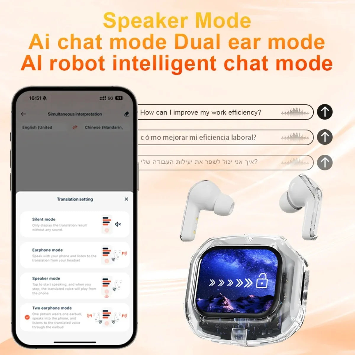 Übersetzung Kopfhörer mit Touchscreen Kabellos Bluetooth 5.4 Smart Earphone HiFi Audio Hohe Qualität Transparente Hülle Headset