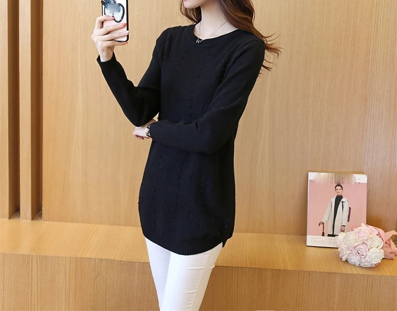 Strickpullover Herbst Winter Oberteile Rundhals Langarm Pullover Legere Warme Damenpullover Midi Lang Schmaler Pullover Mädchen