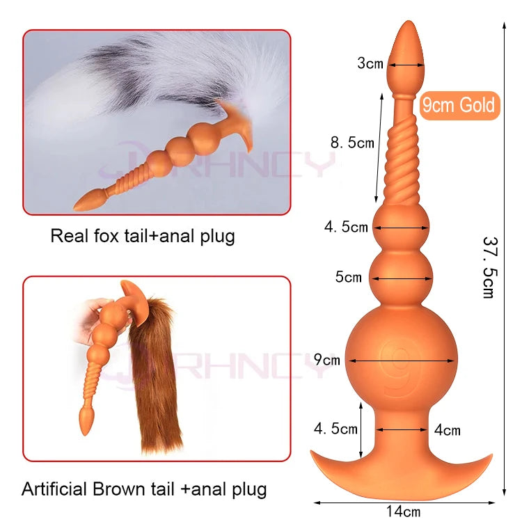 3-10cm Großer Analsex Plug mit Schwanz Sexspielzeug für Erwachsene Spiele Paare DIY Cosplay Großer Butt Plug Silikon Weich Lang Anal Beads Frauen