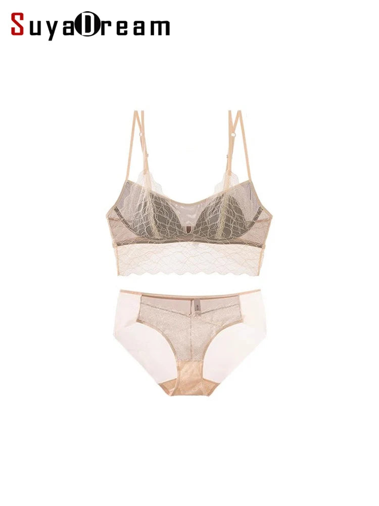 SuyaDream, Damen Spitzen-BH-Set, Futter aus echter Seide, dünne geformte Cups, ohne Bügel, transparente Unterwäsche aus Mesh, gemütliche Dessous 2025