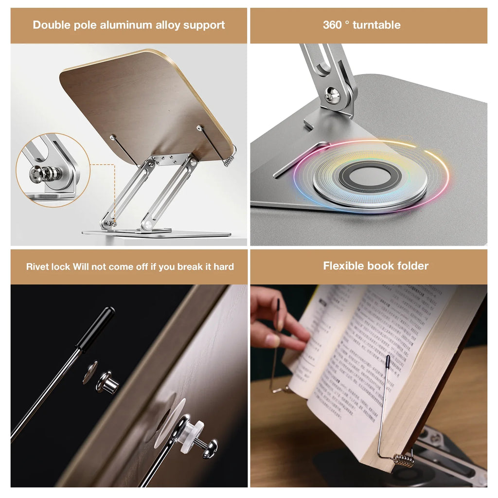 FORZOLA 360° Rotating Walnut Wood Reading Stand Student Reading Desktop Foldable Holder Book Ipad Tablet Notebook Laptop Bracket