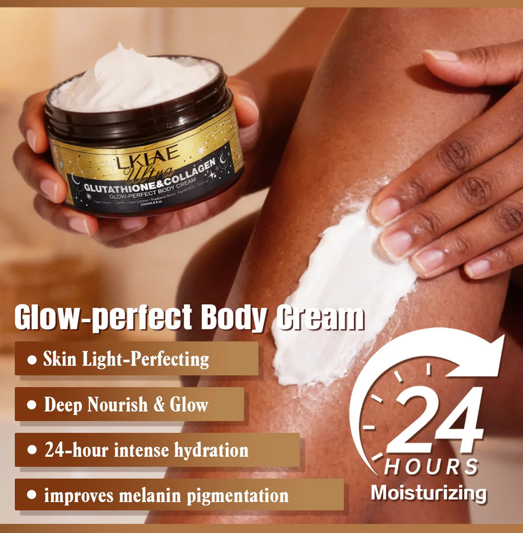 LKIAE Ultra Glutathione Kollagen Haut Leuchtende Körpercreme, 24-Stunden Intensive Feuchtigkeit, Aufhellend, Tiefenpflege & Glanz, 200ml
