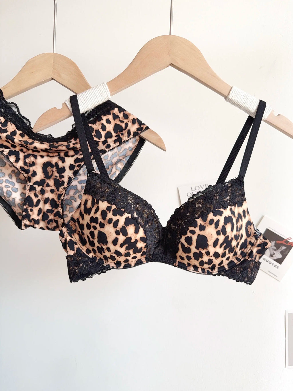 Sexy Leopard-Print-Dessous-Set für Damen, kabellos, unsichtbarer Push-Up für kleine Brüste, verstellbares A-bis-C-Körbchen, transparenter, reiner Spitzen-Look, S-XL