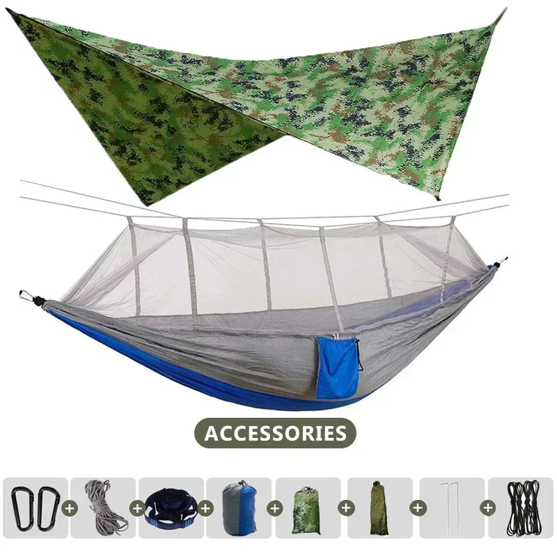 260x140cm Camping Hängematte Doppelgröße Fallschirm mit Moskitonetz Regenschutz Tarp Leicht für Wandern Reisen