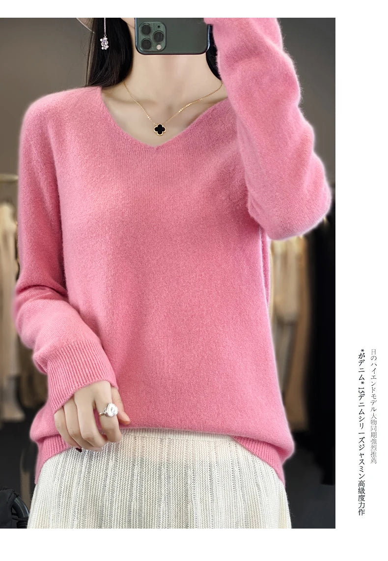 Damen 100% Merinowolle Pullover V-Ausschnitt Basic Pulli Herbst Winter Kaschmir Kleidung Langarm Weiche Strickware Oberteile Unifarben