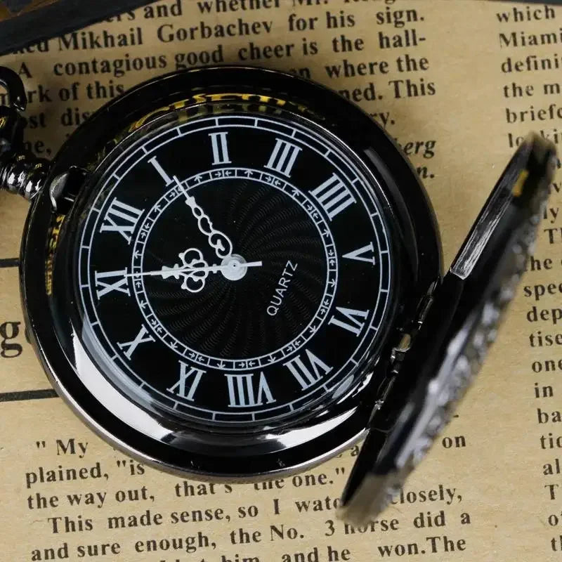 1pc Black Retro Hollow Gear Carved Quartz Pocket Watch Necklace Pendant Clock Chain Men Women Memorial Gift
