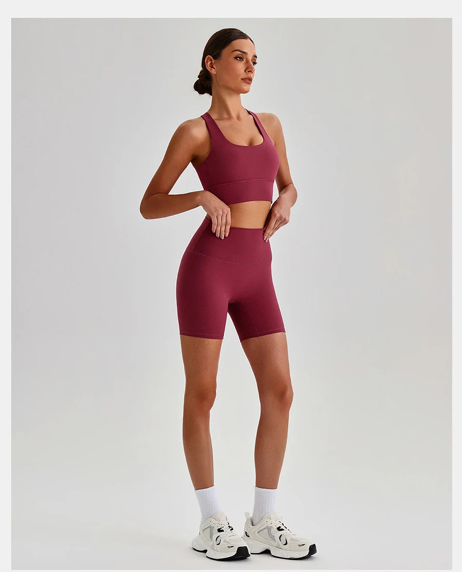 Buttery Soft Nylon Yoga Set Crisscross Back Sports Bra High Waist Biker Shorts 2 Piece Gym Set Workout Outfit Women Activewear