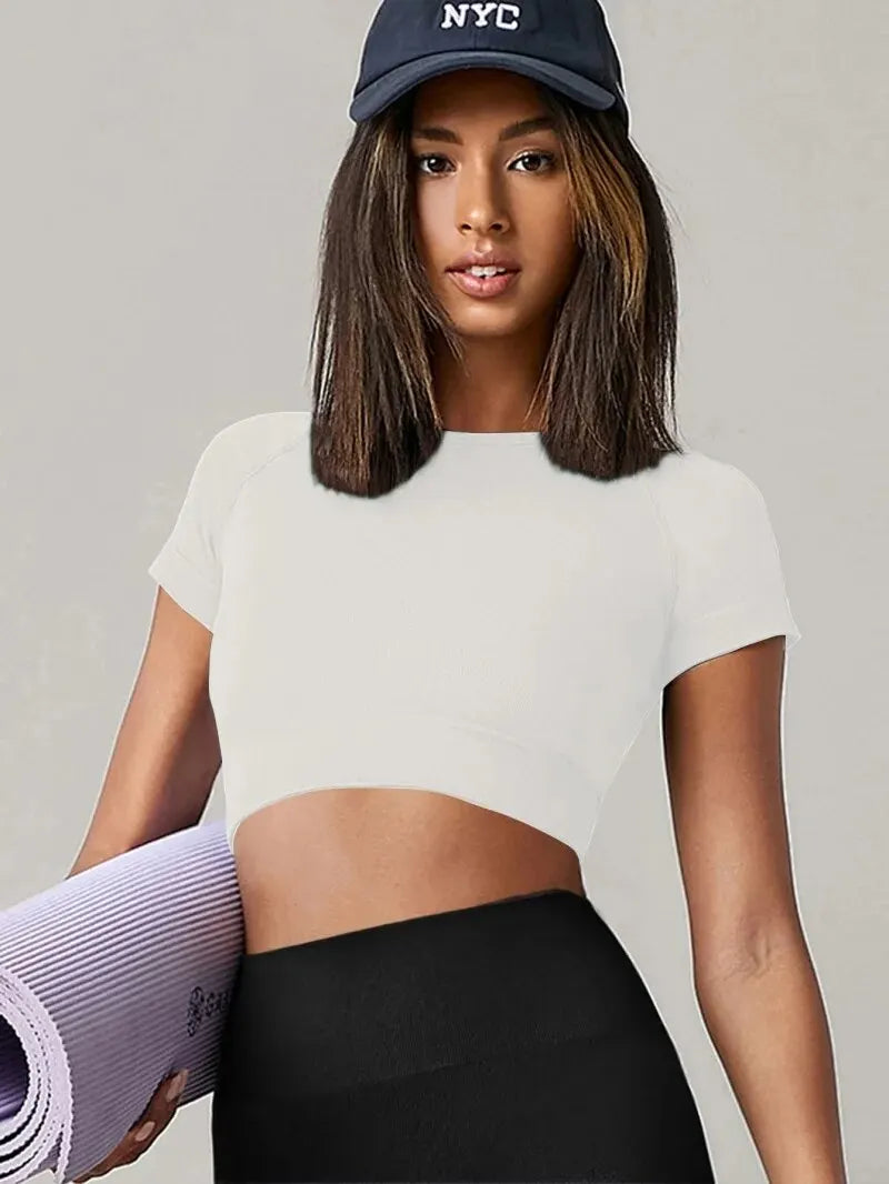 Damen Yoga Top Nahtloses Sport-T-Shirt Fitnesskleidung Kurzarm Yoga-Shirt Gym Top Lauf-Sportbekleidung Sport Top