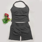 Yoga Outfits Damen 2-teiliges Sport-Set DFNNYE Impact Halfter Neck Neckholder Rückenfrei Oberteil Nahtlose Scrunch Shorts Fitness-Workout-Sportanzug