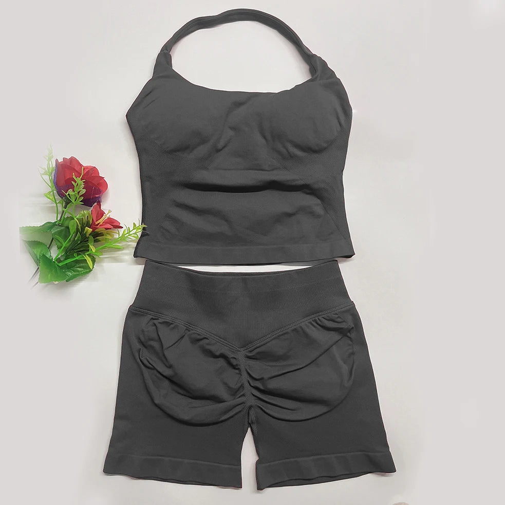 Yoga Outfits Damen 2-teiliges Sport-Set DFNNYE Impact Halfter Neck Neckholder Rückenfrei Oberteil Nahtlose Scrunch Shorts Fitness-Workout-Sportanzug