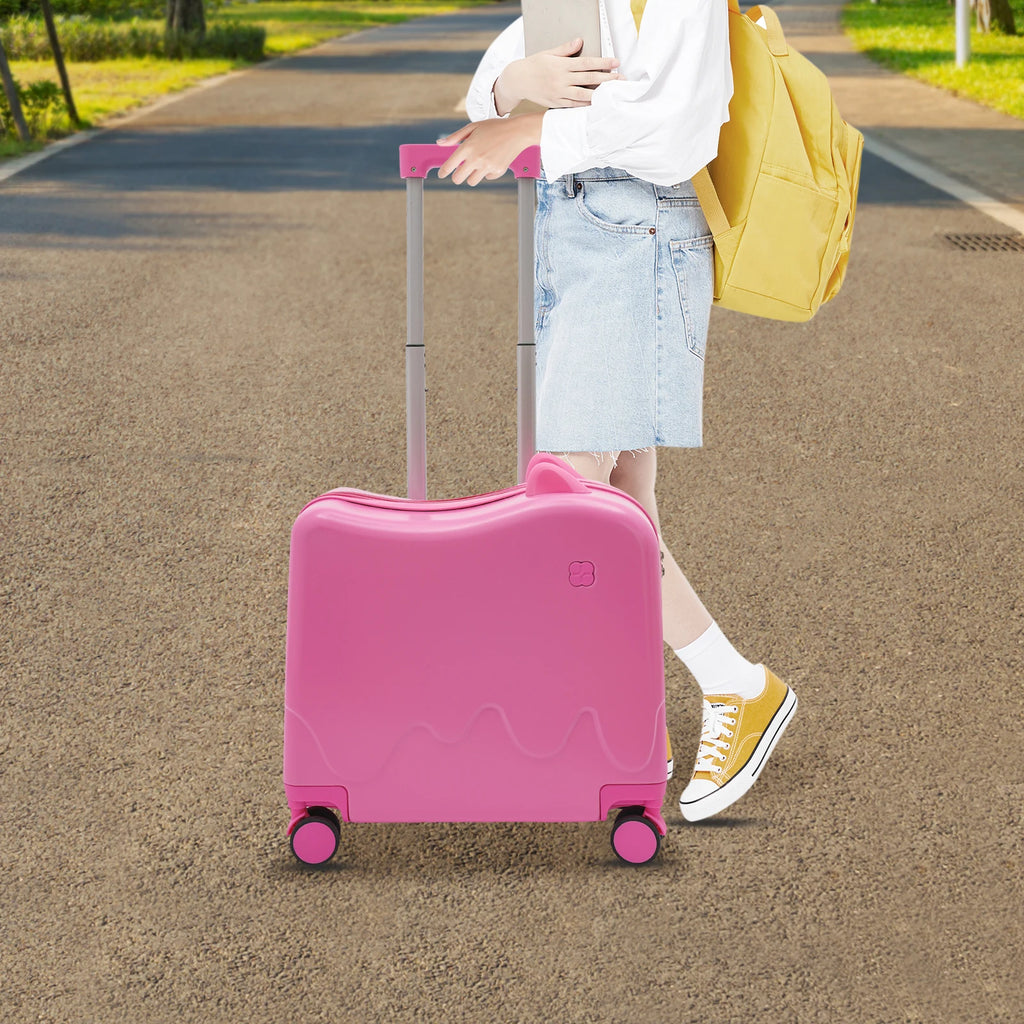 18 Zoll Aufsitzkoffer, niedlicher Koffer mit interner Netztasche, Aufbewahrungsbox mit Lenkrollen für Kurztrips, Pink