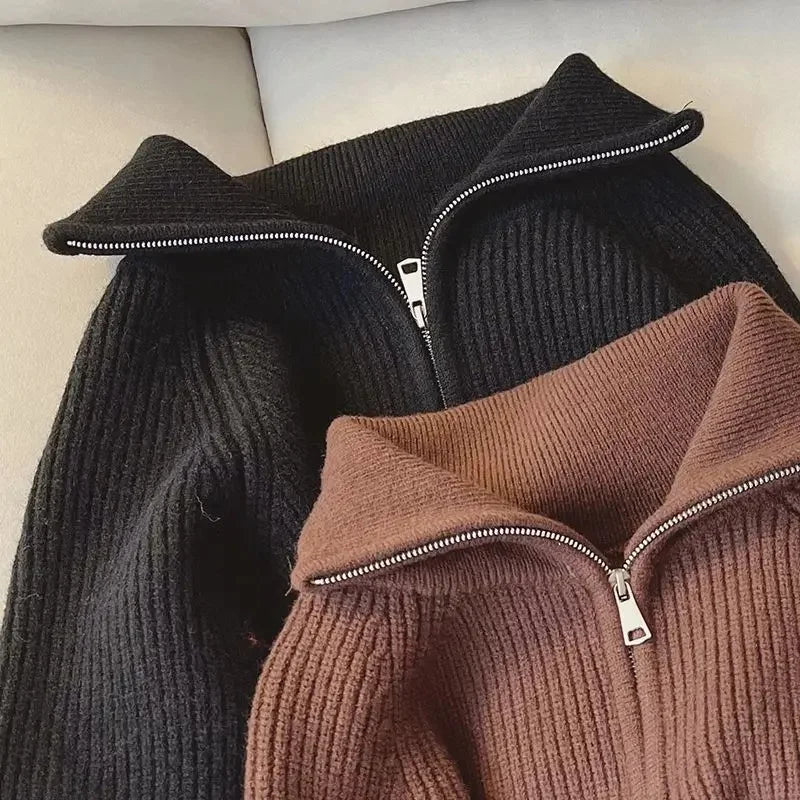 Damen Half-Zip Kragen Pullover Weicher Strick Langarm Kurzer Pulli Herbst Winter Teenager-Mädchen Koreanisches Mode-Outfit