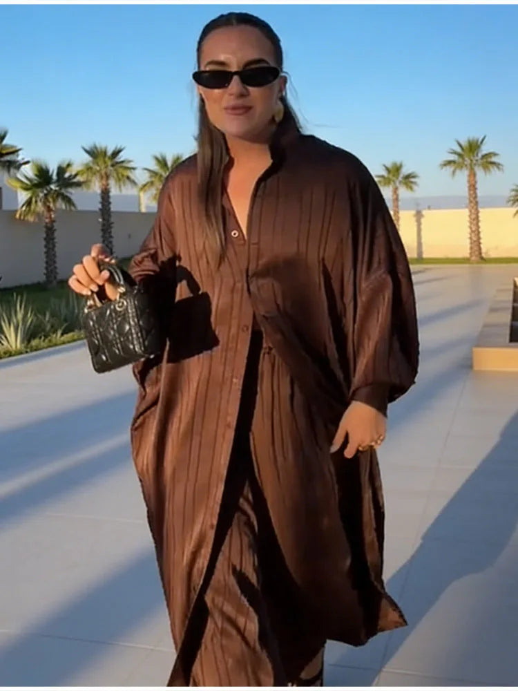 Beiges zweiteiliges Set für Damen, Oversized-Hemd mit Knopfleiste und High-Waist-Hose mit weitem Bein, Y2k Sommer-Urlaubs-Kaftan-Outfit