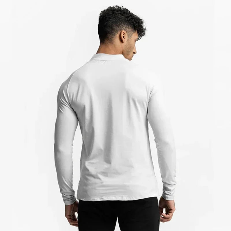 Einfarbige, eng anliegende, schweißabsorbierende, elastische Shirts Fitnessstudio Bodybuilding Fitness Rollkragen-T-Shirts Herren Langarm Schnelltrocknend Herbstkleidung