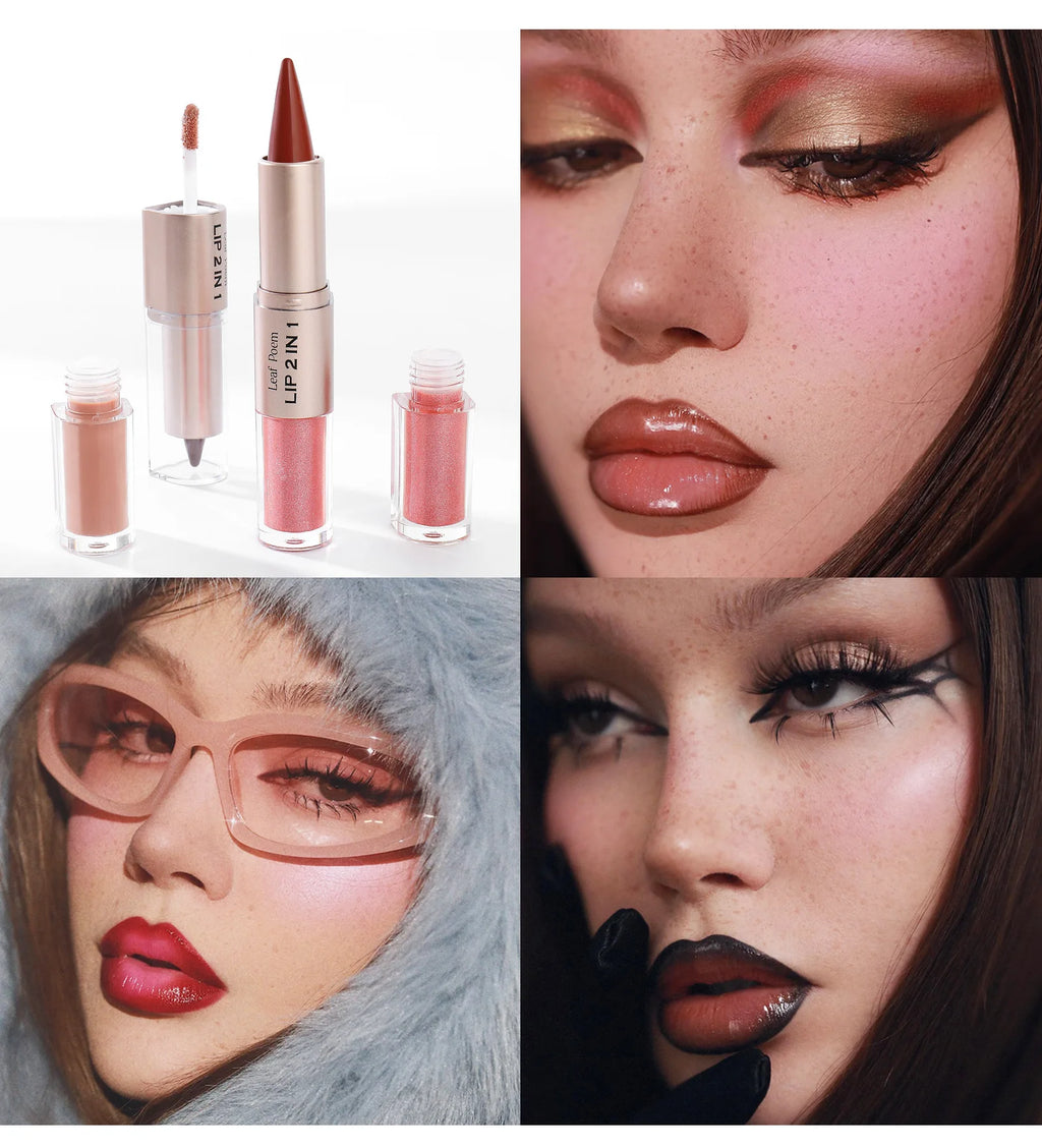 Schwarzer brauner, spitz zulaufender Lipliner-Konturenstift, doppelseitiger Spiegel, aufpolsternder Lippenglanz, kristallklarer Lipgloss, sexy roter Lippen-Tint-Make-up