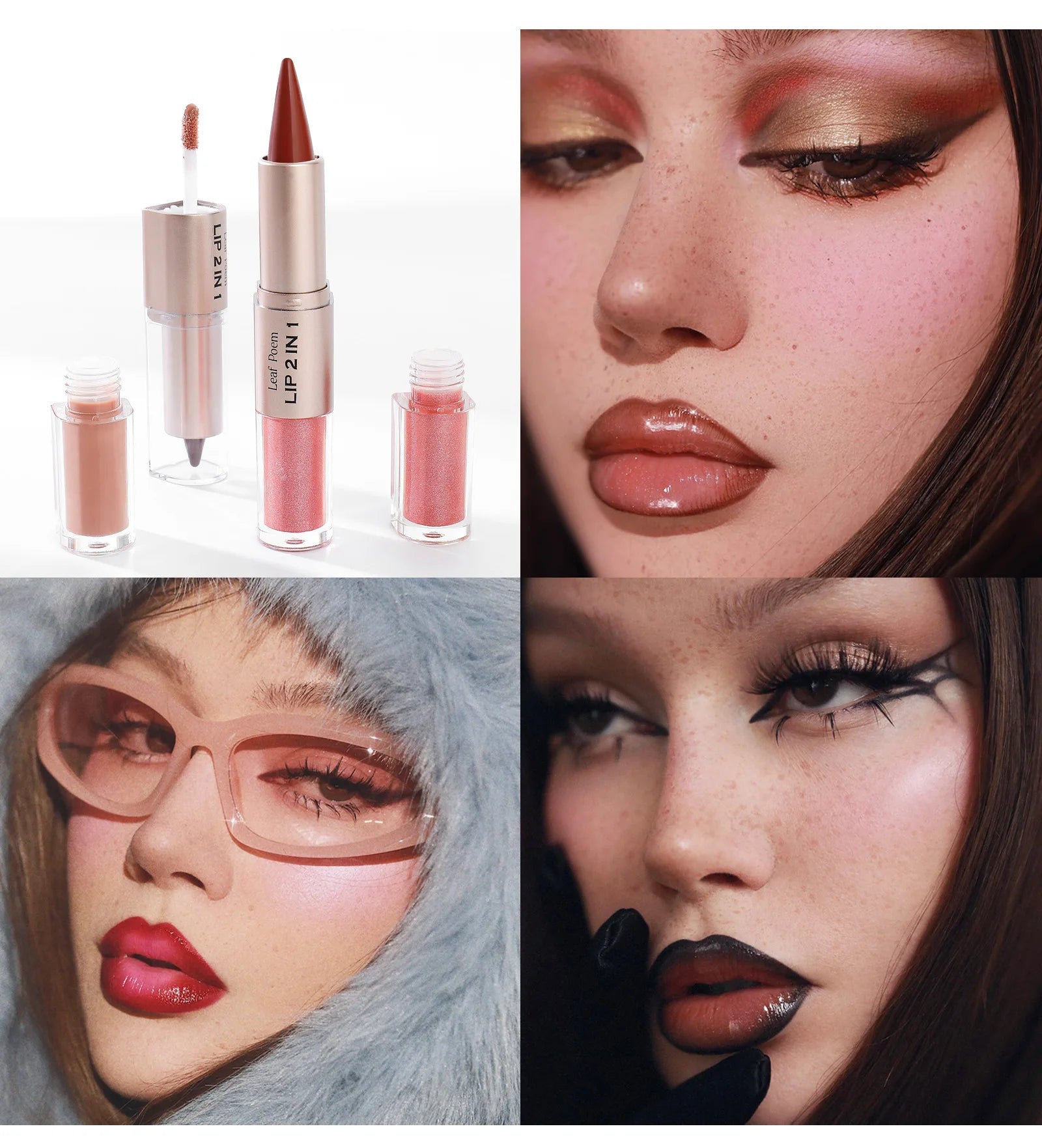 Schwarzer brauner, spitz zulaufender Lipliner-Konturenstift, doppelseitiger Spiegel, aufpolsternder Lippenglanz, kristallklarer Lipgloss, sexy roter Lippen-Tint-Make-up