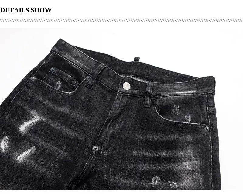 Street Fashion Herren Eng Schwarz Grau Jeans Retro Elastische Schlankmachende Split-Style Jeans Herren Retro Designer Brand Jeans Hombre