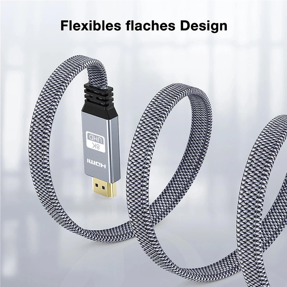 8K HDMI-Flachkabel 48 Gbit/s High Speed 8K60 4K120 144Hz Geflochtenes HDMI 2.1 Kabel 3D eARC HDCP 2.2&2.3 Kompatibel mit Roku TV/PS5