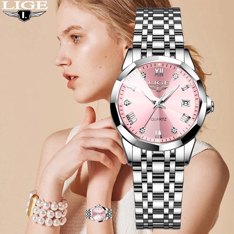 LIGE Elegante, ultradünne Damenarmbanduhr im nordisch-schlichten Stil mit Quarzwerk und modischem Edelstahlarmband Hauptbild