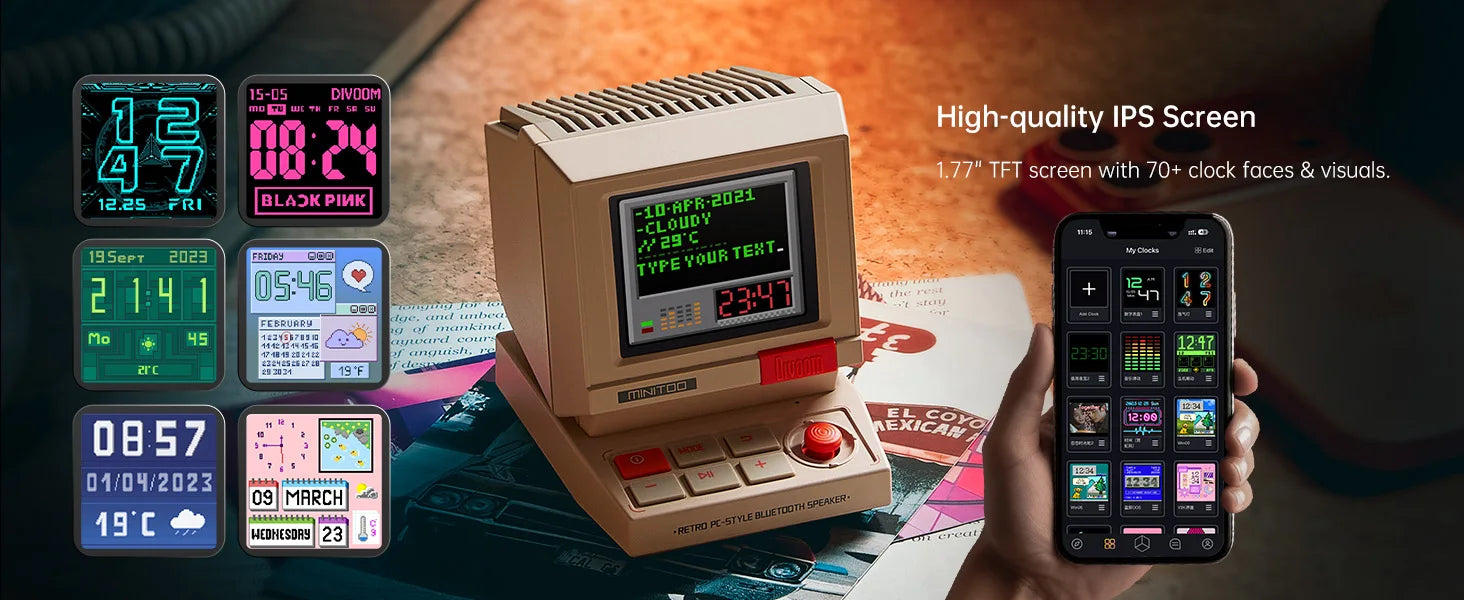 Divoom MiniToo Retro Bluetooth-Lautsprecher Tragbarer Pixel-Display-Musikbox Retro-Computer-Stil Lautsprecher Geschenk