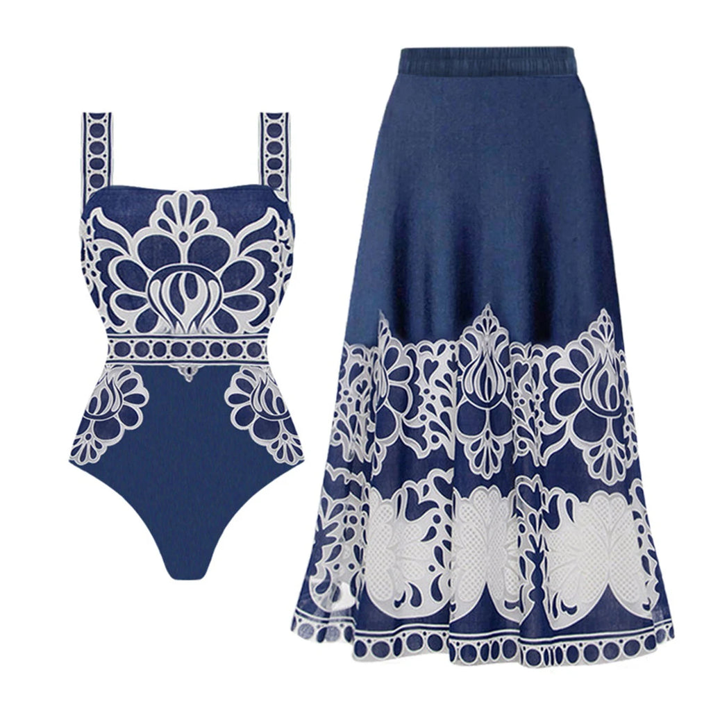 2tlg. bedruckter Badeanzug Damen Sexy Bademode Neuer Bikini mit langem Rock Damen Biquini Push Up Badeanzug Body Strandkleidung Strandtuch