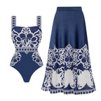 2tlg. bedruckter Badeanzug Damen Sexy Bademode Neuer Bikini mit langem Rock Damen Biquini Push Up Badeanzug Body Strandkleidung Strandtuch