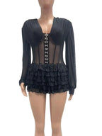 Beyprern Sexy Schwarzer Mesh Korsett Jumpsuit Damen Gothic Rüschen Layered Rompers Langarm Transparenter Bodysuit Nachtclub Party Outfits