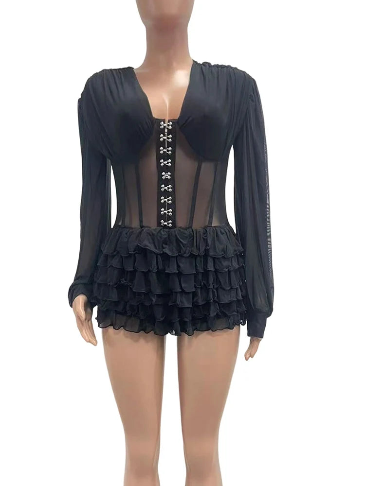 Beyprern Sexy Schwarzer Mesh Korsett Jumpsuit Damen Gothic Rüschen Layered Rompers Langarm Transparenter Bodysuit Nachtclub Party Outfits