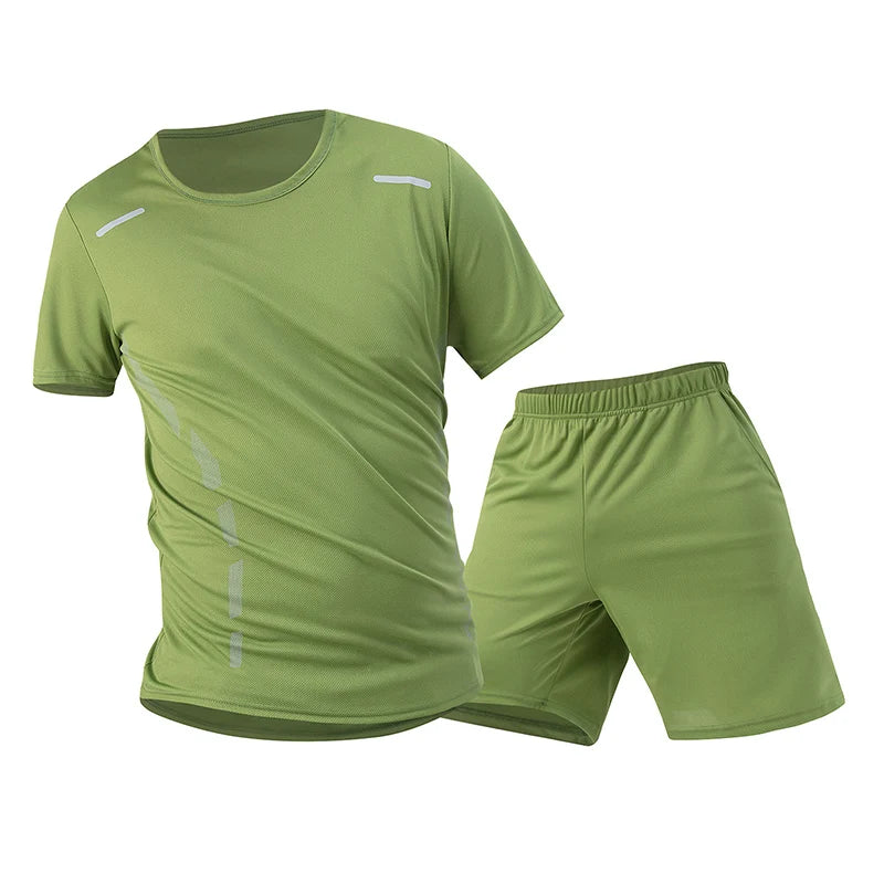 2-teiliger Herren Sommer schnelltrocknender Sportanzug Lockerer und atmungsaktiver Kurzarm-T-Shirt Lauf- und Fitness-Shorts mit schwarzen Taschen Zweitbild