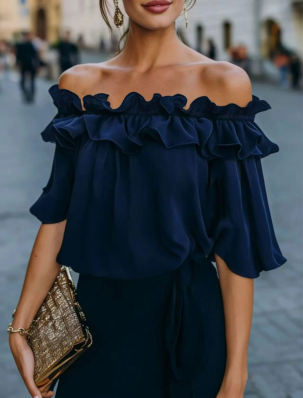 Mode Rüschen Sexy One Shoulder Damen Kurzarmshirt Sommer Neu Lässige Weite Oberteile Weibliche Elegante Vielseitige Bürobluse