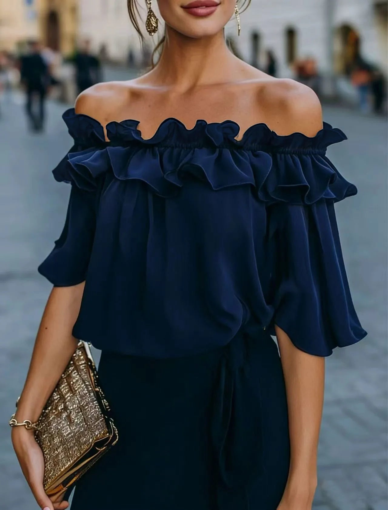 Mode Rüschen Sexy One Shoulder Damen Kurzarmshirt Sommer Neu Lässige Weite Oberteile Weibliche Elegante Vielseitige Bürobluse