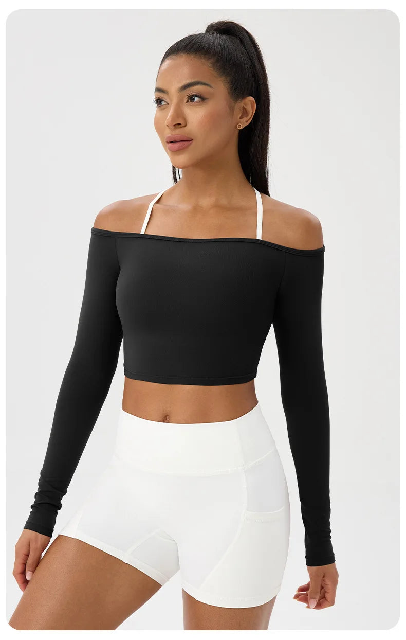 Yoga Langarm T-Shirt Damen Ein-Schulter Sexy Eng Anliegende Fitness-Oberteile Nude-Feel Schnelltrocknendes Sport Langarm Yoga Shirts