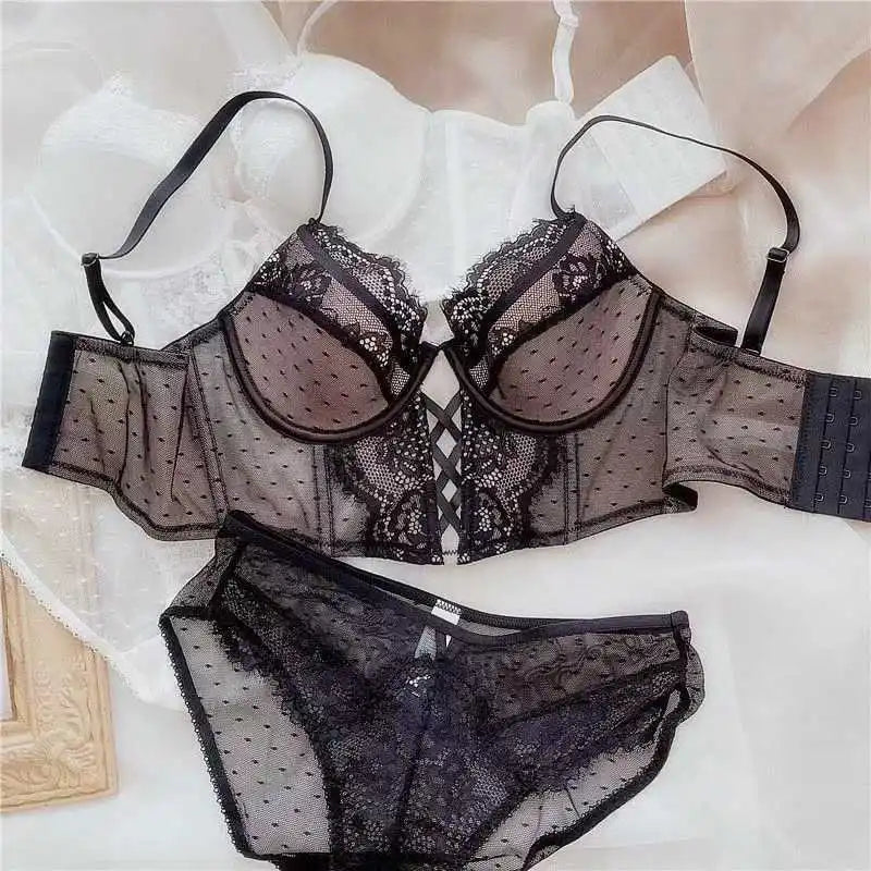 Französische Spitze Push-Up-Dessous-Set Frau dünner Bügel-BH, durchsichtige geraffte Chemise, weich, zierlich, kleine Oberweite S-XL Hot Sale