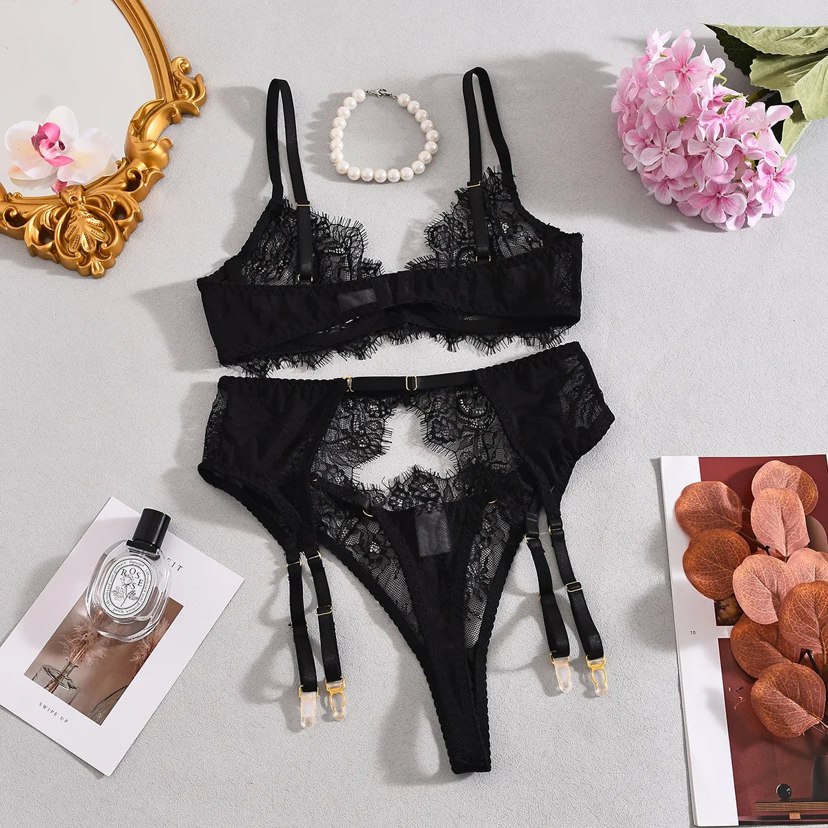 Elegant Lingeries Sexy Hot Exclusive Coffee Bra Belt Thong 3PC with Leg Circles Cute Intimate Lace Tempted Tipsy Set