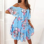 Damen Sommer V-Ausschnitt Ärmelloses Sling-Camisole Pendler bedrucktes Chiffon-Bohemian-Blumenkleid für Damen