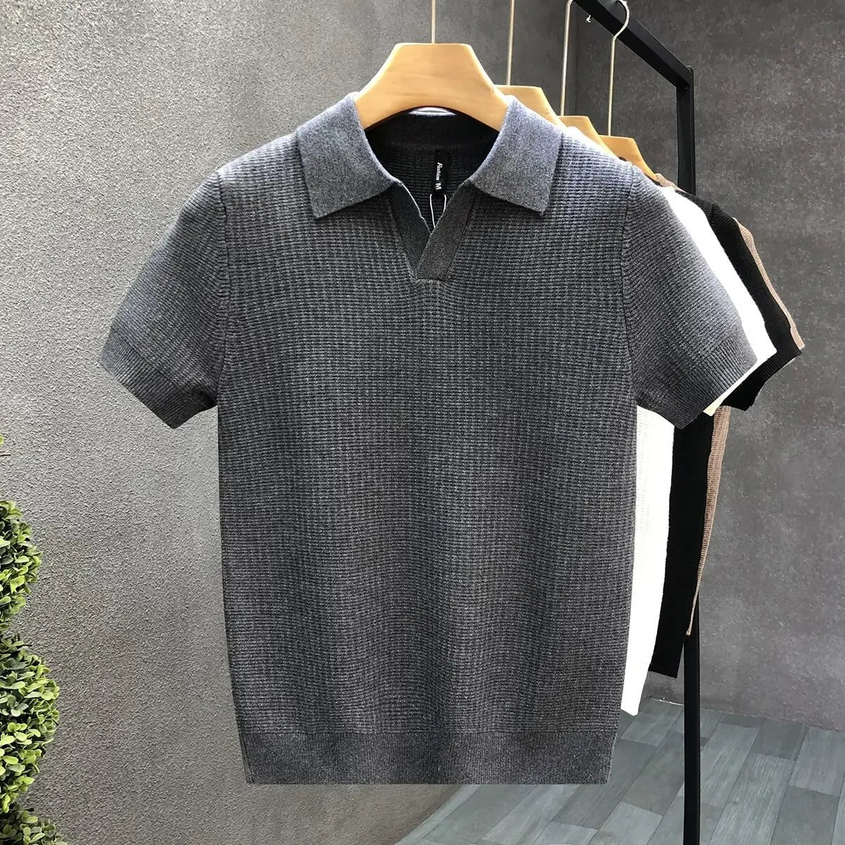 2026 Herren Sommer Poloshirt Koreanischer Stil Slim Fit Knitterarm Kragen Unifarben T-Shirts Freizeit Dünne Ärmel Trendige Strickoberteile
