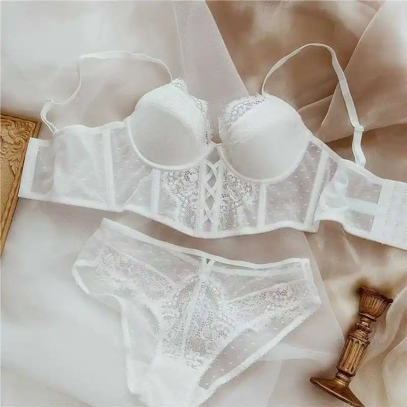 Französische Spitze Push-Up-Dessous-Set Frau dünner Bügel-BH, durchsichtige geraffte Chemise, weich, zierlich, kleine Oberweite S-XL Hot Sale