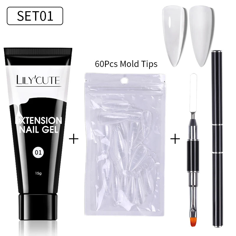 LILYCUTE 15ml Verlängerungsgel-Nagellack-Set Quick Nail Prolong mit Verlängerungsform-Nagelspitzen Acryl-Lösung Maniküre-Werkzeug-Kit