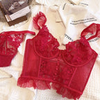 Heißer Verkauf Französisches sexy Dessous-Set für Damen, ultradünner transparenter BH und Höschen-Set, besticktes Spitzen-Form-Camisole-Unterwäsche-Set