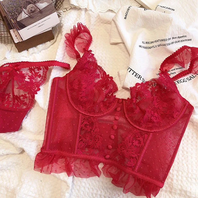 Heißer Verkauf Französisches sexy Dessous-Set für Damen, ultradünner transparenter BH und Höschen-Set, besticktes Spitzen-Form-Camisole-Unterwäsche-Set