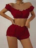 Sexy Dessous Rüschen Blumenstickerei Damenunterwäsche Schulterfreies Sexy BH-Set Bequemes Baumwoll-Intimwäsche-Set