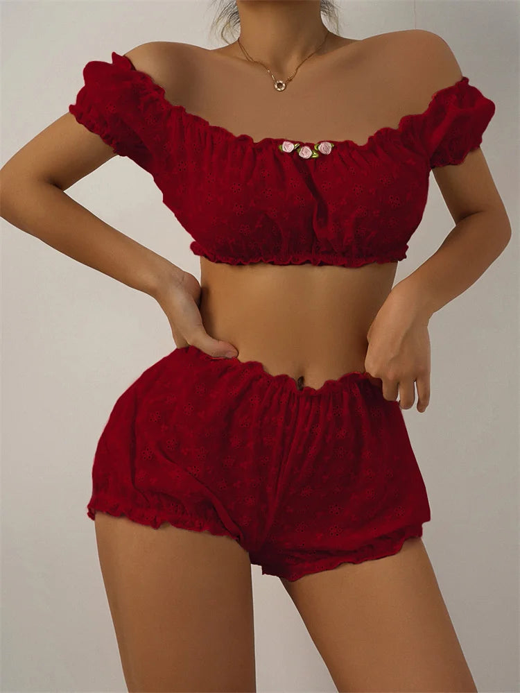 Sexy Dessous Rüschen Blumenstickerei Damenunterwäsche Schulterfreies Sexy BH-Set Bequemes Baumwoll-Intimwäsche-Set