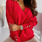Frühling Herbst Damen Reiner Weicher Langarmpullover V-Ausschnitt Mode Jumper Büro Dame Knopf Lockerer Freizeit Pullover Oberteil Pullover