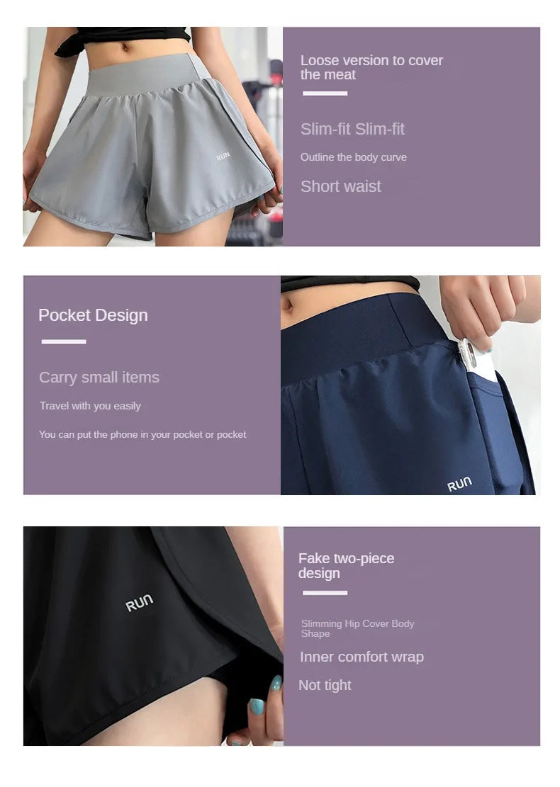 Damen Freizeit Sport Anti-Exposition Falsche Zweiteilige Abnehmende Sport Fitness Nackt Yoga Atmungsaktive Shorts