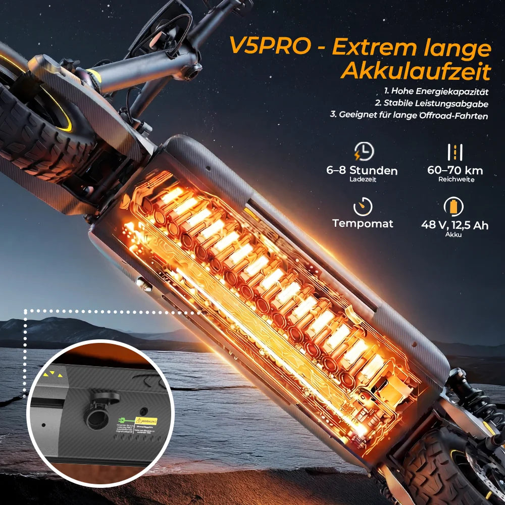 V5Pro Offroad E-Scooter 10 Zoll ABE zertifiziert 500W 48V12.5Ah Geländereifen Dual Federung E-Bremse Voltix APP Deutschland
