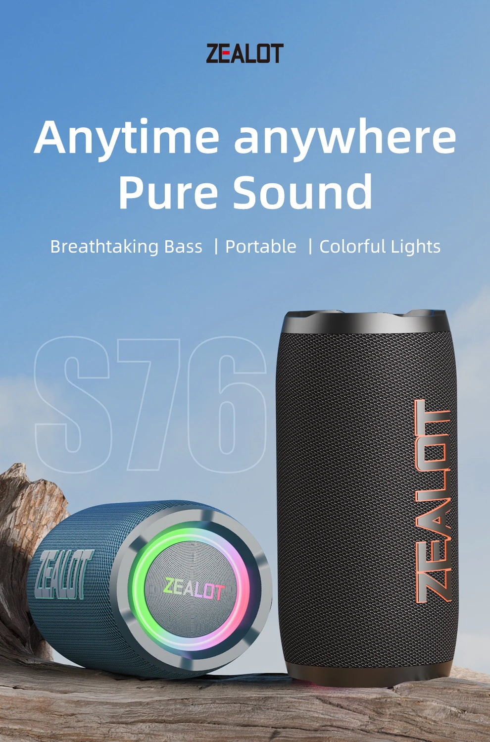 ZEALOT-S76 50W Tragbarer Super-Subwoofer Tragbarer Lautsprecher für Zuhause und Outdoor, wasserdichte Säule, Bluetooth-Lautsprecher, Soundbox