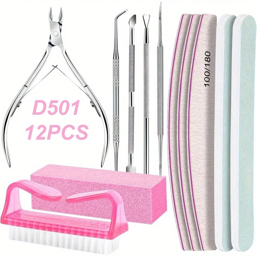 12 Stück/Charge Nagelkunst 100/180 Körnung Professionelle Feilen Puffer Schwamm Block Bürste Nagelschere Set mit Nagelhautzange Schiebern