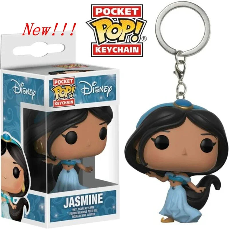Neue FUNKO Schlüsselanhänger Disney Dämonin Prinzessin Bella Arielle Alice Anna Elsa Bell Jack Sally Stitch Actionfigur Spielzeug Ornamente